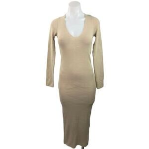PrettyLittleThing Beige Knit Long Sleeve V-Neck Midi Sweater Bodycon Dress 12